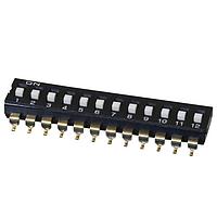 Same Sky (formerly CUI Devices) DS04-254-2-12BK-SMT-TR ສະຫນັບ DIP Switch, SPST, 2.54 pitch, flat actuator, SMT, Tape and reel, 12 position, ສີດຳ