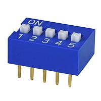 Same Sky (formerly CUI Devices) DS01C-254-S-05BE ສະຫນອງ DIP Switch, SPST, 2.54 pitch, ຕົວກະທົບສູງ, ພື້ນລຸ່ມຄອບ, ເລັ່ງສັ້ນ, 5 ຕຳແໜ່ງ, ສີຟ້າ