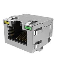 Amphenol Commercial Products RJE3C1881441 ຕູ້ຕໍ່ແບບ Modular / ຕູ້ຕໍ່ Ethernet 8P8C, RA, Cat6A, SMT, ມີປົກກັນສະຫນາມ EMI ດ້ານບົດແລະດ້ານຂ້າງ, ບໍ່ມີ Pegs, ມີ LEDs