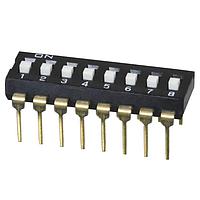 Same Sky (formerly CUI Devices) DS04-254-1S-08BK ສະຫນາມສະລັບ DIP Switch, SPST, 2.54 pitch, ປຸ່ມກະຕຸ້ນສູງ, ເຂັ້ມສັ້ນ, 8 ຕຳແໜ່ງ, ສີດຳ