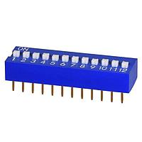 Same Sky (formerly CUI Devices) DS01-254-S-12BE ສະຫນອງ DIP DIP Switch, SPST, 2.54 pitch, ຕົວກະທົບສູງ, ພື້ນລົງແບບແກ້ວ, ເຂັ້ມສັ້ນ, 12 ຕຳແໜ່ງ, ສີຟ້າ