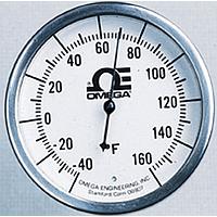 OMEGA H-50-300F/10-150C-21/2-1/4 2.37 in Dial Bimetal Hermetically Sealed Thermometer ຕິດຕັ້ງຫຼາຍປະເພດ (150 °C, 1/4 in, NPT Male, 2.5 in)