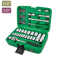 TOPTUL GCAI4905 1/4" ແລະ 3/8" DR. Flank Socket Set (49 pcs; 12PT; Satin)