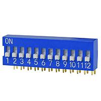 Same Sky (formerly CUI Devices) DS03-254-12BE ສະຫນາມສະຫນາມ DIP Switch, SPST, 2.54 pitch, ປຸ່ມກະຕຸ້ນສູງ, ມຸມຂວາ, 12 ຕຳແໜ່ງ, ສີຟ້າ