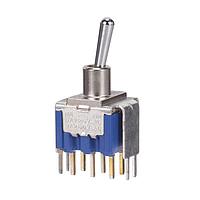 Nidec Components 8GA2012-Z ສະຫນັບສະຫນູນປ່ຽນສະຖານະທີ່ລວມກັນ DPDT, ON-ON, 10.5mm toggle, 7.1mm smooth bushing, straight PC terminals w/bracket, 6A @ 125V AC, washable