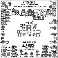 Analog Devices DC1572A ບົດທົດສອບຕົວຄວບຄຸມແຮງໂຮງສະຫວ່າງ - Switching Regulator LTC3615EFE Demo Board - Dual, 4MHz, 3A S