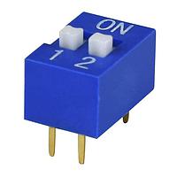 Same Sky (formerly CUI Devices) DS01-254-S-02BE ສະວິດ DIP DIP Switch, SPST, 2.54 pitch, raised actuator, flat bottom, Short pin, 2 position, ສີຟ້າ