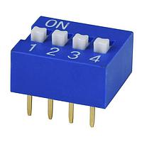 Same Sky (formerly CUI Devices) DS01C-254-L-04BE ສະຫນັບ DIP Switch, SPST, 2.54 pitch, ປຸກຂຶ້ນ actuator, ພື້ນລົງ covex, ໝີກຍາວ, 4 ຕຳແໜ່ງ, ສີຟ້າ