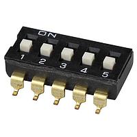 Same Sky (formerly CUI Devices) DS04-254-2-05BK-SMT-TR ສະຫນັບ DIP Switch, SPST, 2.54 pitch, flat actuator, SMT, Tape and reel, 5 position, ສີດຳ