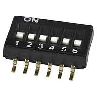 Same Sky (formerly CUI Devices) DS05-127-2-06BK-SMT-TR ສະຫນັບ DIP Switch, SPST, 1.27 pitch, flat actuator, SMT, Tape and reel, 6 position, ສີດຳ