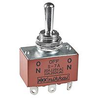 NKK Switches S7A ຕົກເກີລຂະຫນາດມາດຕະຖານຄວາມຈຳເປັນກາງ DPDT ON-OFF-ON MED SOLDER LUG