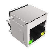 Amphenol Commercial Products RJE441882411 ຕົວເຊື່ອມຕໍ່ 8P8C, ຄວາມໄວສູງ ຕັ້ງຕົ້ນແບບຕັ້ງຕົວ, ຕິດຕັ້ງຜ່ານຮູ, CAT5E, ປົກກັນການຮອບຮວມໂດຍບໍ່ມີແທບ EMI, ມີແສງ LED ສີຂຽວ ແລະ ສີເຫຼືອງ