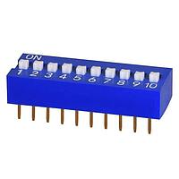 Same Sky (formerly CUI Devices) DS01C-254-L-10BE ສະວິດ DIP, DIP Switch, SPST, 2.54 pitch, ຕົວກະທົບສູງ, ພື້ນລົງຮູບສົມມຸດ, ເຂັ້ມຍາວ, 10 ຕຳແໜ່ງ, ສີຟ້າ
