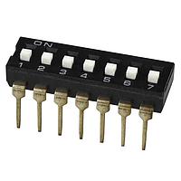Same Sky (formerly CUI Devices) DS04-254-2S-07BK ສະຫນັບ DIP Switch, SPST, 2.54 pitch, flat actuator, short pin, 7 position, ສີດຳ