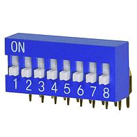 Same Sky (formerly CUI Devices) DS03-254-08BE ສະຫນາມສະລັບ DIP Switch, SPST, 2.54 pitch, ປຸ່ມກະທົບສູງ, ມຸມຂວາ, 8 ຕຳແໜ່ງ, ສີຟ້າ