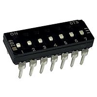 CTS Electronic Components 209-7LPSFD ສະລັບ DIP ຜ່ານຮູ, DIP SWITCH ທອງ, 7-ຂາ, ຕົວກະທົບຮູບແບບຕ່ຳ, ການປິດການດ້ານລຸ່ມ, ອອບ, ແບບຂາສົງກົງ, ກະປ່ອງ