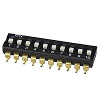 Same Sky (formerly CUI Devices) DS04-254-1-10BK-SMT ສະຫນາມສະຫນອງ DIP Switch, SPST, 2.54 pitch, ປຸ່ມກະຕຸ້ນສູງ, SMT, 10 ຕຳແໜ່ງ, ສີດໍາ