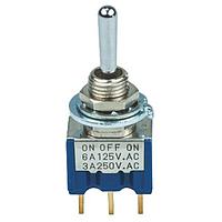 Nidec Components 8A1022C-Z ສະຫນັບສະຫນູນສູງ ສະຫນັບສະຫນູນຂະໜາດນ້ອຍ Toggle Switch SPDT, ON-OFF-ON, 10.5mm toggle, 1/4"-40 threaded bushing, straight PC terminals, 25mA @ 20V DC/6A @ 125V AC