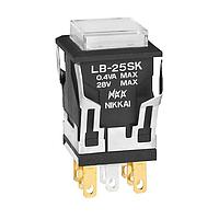 NKK Switches LB25SKG01-5F-JB ປຸ່ມກົດສະຫນອງ DPDT ON-(ON) 0.4VA SQR ສີຂຽວແຈ້ງ