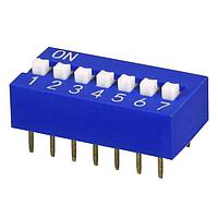 Same Sky (formerly CUI Devices) DS01-254-S-07BE ສະຫນັບ DIP Switch, SPST, 2.54 pitch, ຕົວກະທົບສູງ, ພື້ນລົງແບບແກ້ວ, ເຂົ້າສັ້ນ, 7 ຕຳແໜ່ງ, ສີຟ້າ