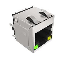 Amphenol Commercial Products RJE441881411 ຕົວເຊື່ອມຕໍ່ 8P8C, ຄວາມໄວສູງ ຕັ້ງຕົ້ນແຖວ, ຕິດຕັ້ງຜ່ານຮູ Hole, CAT5E, ມີປ້າຍກັນກະທົບ EMI, ມີໄຟ LED ສີຂຽວ ແລະ ສີເຫຼືອງ