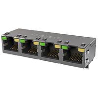 Amphenol Commercial Products RJE584885141 ຕົວເຊື່ອມຕໍ່ມາດຕະຖານ CAT5E RJ45 - 4 ພອດ ມີໄຟ LED ສີຂຽວ, ປົກກັນສະຫນາມດ້ວຍ EMI Tabs, ການຊຸດທາງດ້ວຍທາງທອງ