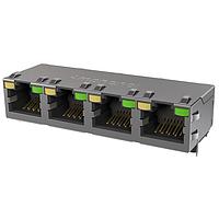 Amphenol Commercial Products RJE584885411 ຕົວເຊື່ອມຕໍ່ມາດຕະຖານ CAT5E RJ45 - 4 ພອດ ມີໄຟ LED ເຫຼືອງ, ປົກກັນສະຫນາມກັບ EMI Tabs