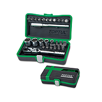 TOPTUL GADW2701 6PT Mini Ratchet Socket &amp; Bit Set (27PCS, 1/4")