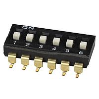 Same Sky (formerly CUI Devices) DS04-254-2-06BK-SMT ສະຫນັບ DIP Switch, SPST, 2.54 pitch, flat actuator, SMT, 6 position, ສີດຳ