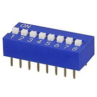 Same Sky (formerly CUI Devices) DS01-254-S-08BE ສະວິດ DIP, DIP Switch, SPST, 2.54 pitch, ຕົວກະທົບສູງ, ພື້ນລົງແບບແກ້ວ, ເຂົ້າສັ້ນ, 8 ຕຳແໜ່ງ, ສີຟ້າ