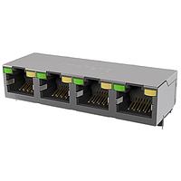 Amphenol Commercial Products RJE584886111 ຕົວເຊື່ອມຕໍ່ມາດຕະຖານ CAT5E RJ45 - 4 ພອດ ມີໄຟ LED ສີຂຽວ, ປົກກັນສັນຍານລະບົບບໍ່ມີແທບ EMI, ການຊຸດທາງດ້ວຍທາງທອງ