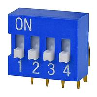 Same Sky (formerly CUI Devices) DS03-254-04BE ສະຫນາມສະລັບ DIP Switch, SPST, 2.54 pitch, ປຸ່ມກະຕຸ້ນສູງ, ມຸມຂວາ, 4 ຕຳແໜ່ງ, ສີຟ້າ
