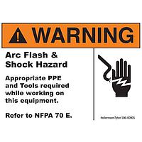 HellermannTyton 596-00905 ເປັນແລບ Arc Flash Label, WARNING ARC FLASH AND SHOCK HAZARD, 5.0" x 3.75", PET, ສີສົ້ມ/ສີຂາວ, 10/ຊຸດ