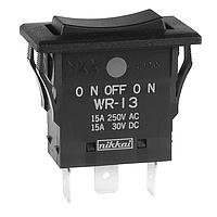 NKK Switches WR13AF ສະຫນັບສະຫນູນ Rocker SPDT ປິດຜ່ານ .250" QC term. On-Off-On