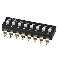 Same Sky (formerly CUI Devices) DS04-254-2-08BK-SMT-TR ສະຫນັບ DIP Switch, SPST, 2.54 pitch, flat actuator, SMT, Tape and reel, 8 position, ສີດຳ