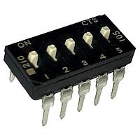 CTS Electronic Components 210-5ESD ສະຫນັບ DIP ຜ່ານຮູ, DIP SWITCH ກະທົບທາງທາງທາງ, 5-ຂາ, ຕົວກະທົບຍາວ, ການປິດທາງລຸ່ມ, ແບບຂາສົງກົງ